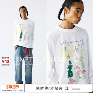 EMPTY REFERENCE纯棉竹节棉手绘小马与圣诞树印花上衣打底长袖T恤