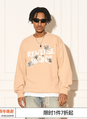 REVERSE IRONY 美式复古斑驳花朵文字LOGO宽松潮圆领印花情侣卫衣