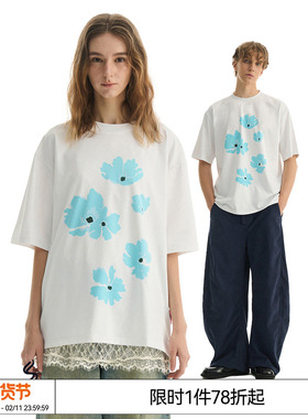 EMPTY REFERENCE 美式复古原创手绘蓝色花朵印花宽松圆领短袖T恤