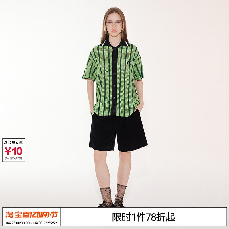 EMPTY REFERENCE 美式复古镂空质感翻领度假编织拼色条纹短袖衬衫