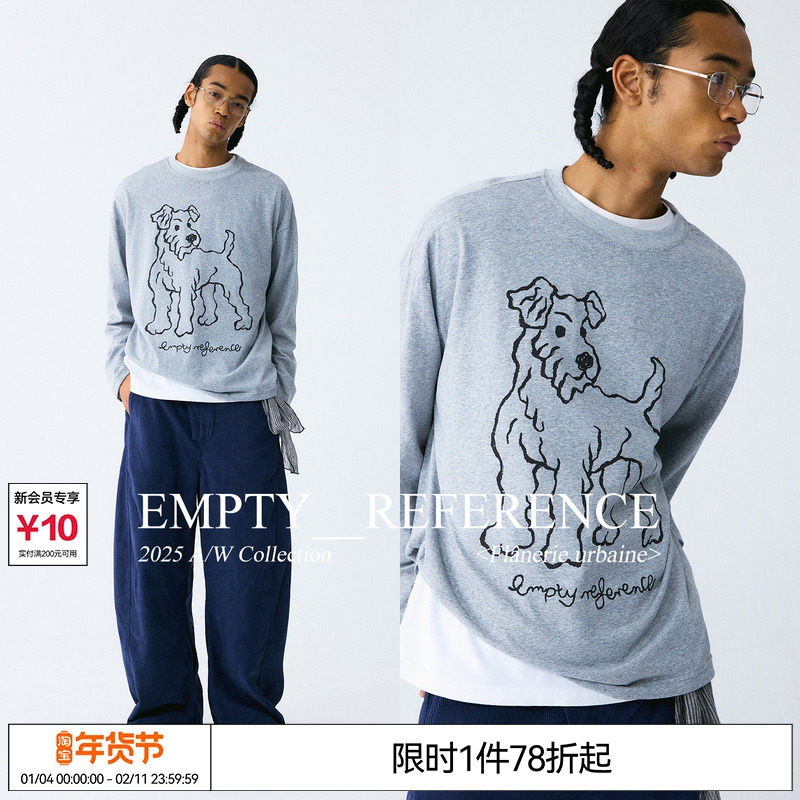 EMPTY REFERENCE 雪花肌理手绘猎狐梗印花上衣宽松长袖T恤打底衫