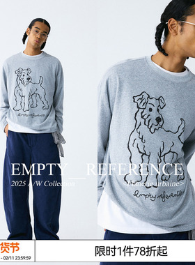 EMPTY REFERENCE 雪花肌理手绘猎狐梗印花上衣宽松长袖T恤打底衫