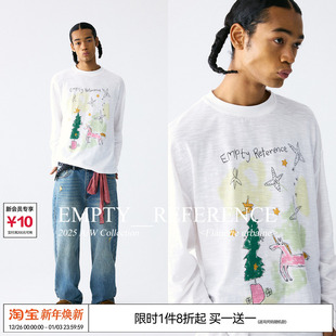 EMPTY T恤 REFERENCE纯棉竹节棉手绘小马与圣诞树印花上衣打底长袖