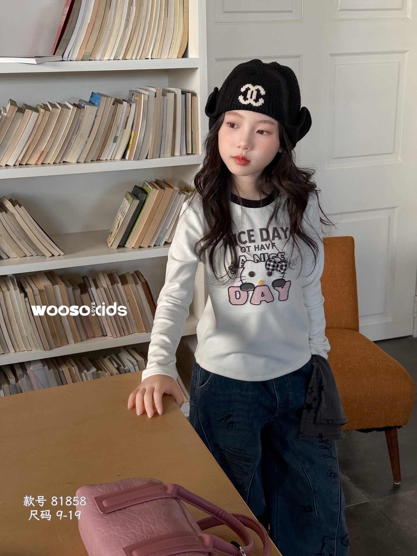 吾束女童韩系插肩袖T恤秋冬德绒新款儿童宽松半袖上衣
