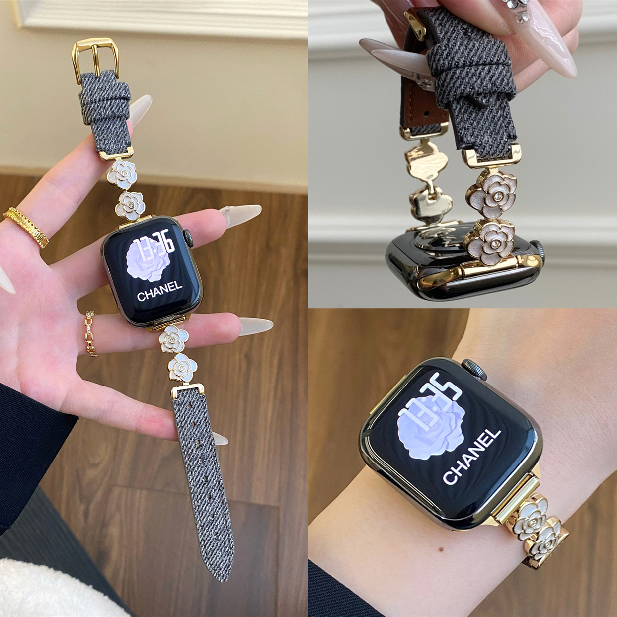 适用苹果手表s10代iwatch小众山茶花金属拼牛仔表带applewatch9se