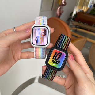 适用苹果手表s11代iwatch黑白彩虹尼龙回环表带applewatch98765se