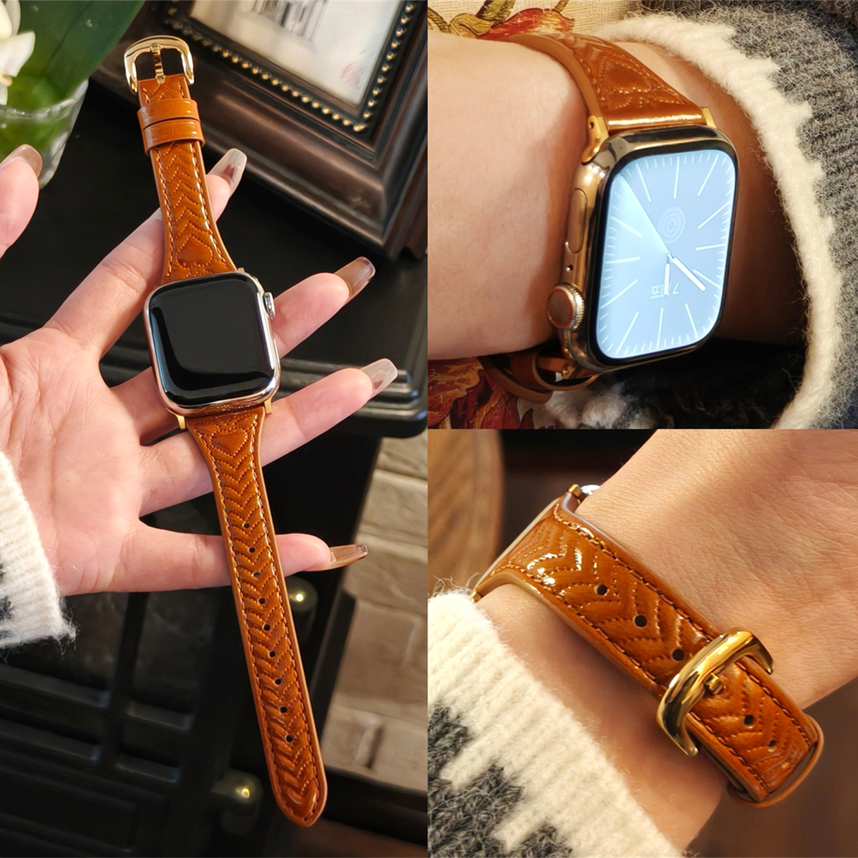 适用iwatch心形压纹真皮表带