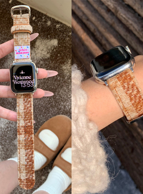 适用苹果手表s11代iwatch秋冬毛呢格纹皮质表带applewatch98765se