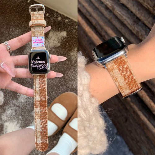 适用iwatch秋冬毛呢格纹皮质表带