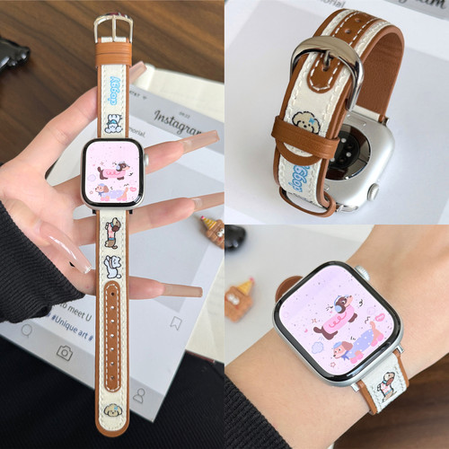 适用iwatch腊肠狗帆布拼皮表带