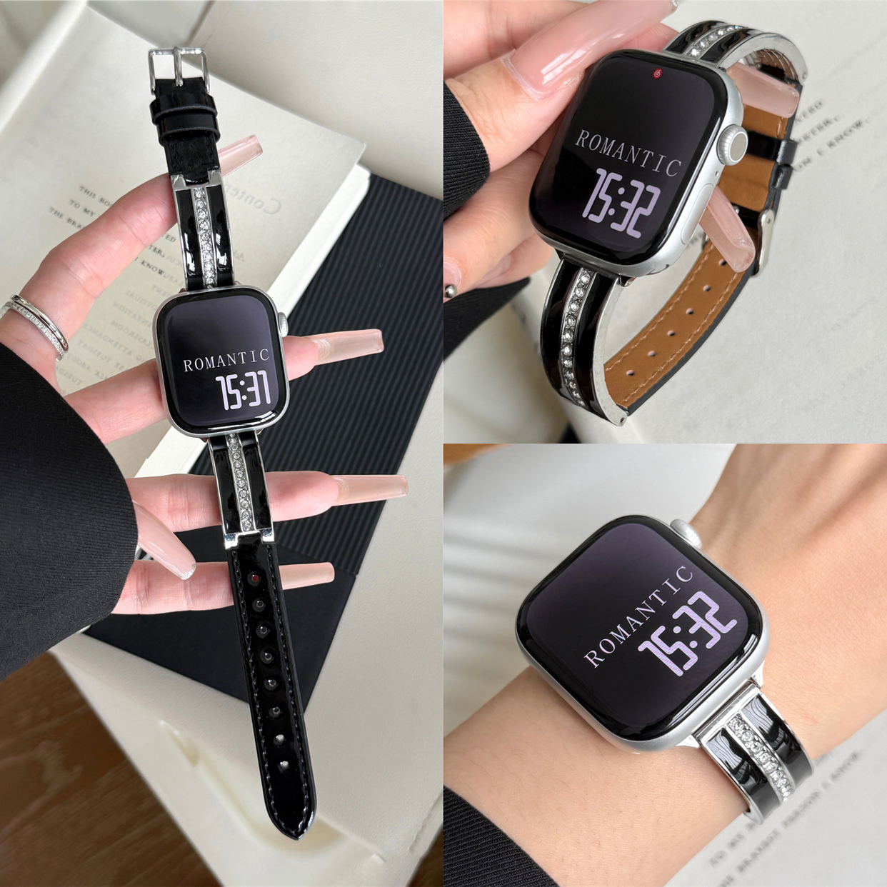 适用iwatch轻奢细款弯片拼皮表带