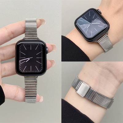 适用iwatch一株卡扣不锈钢表带