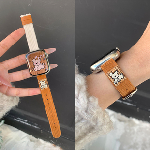 适用苹果手表s10代iwatch细款 卡通灯芯绒拼色表带applewatch987se