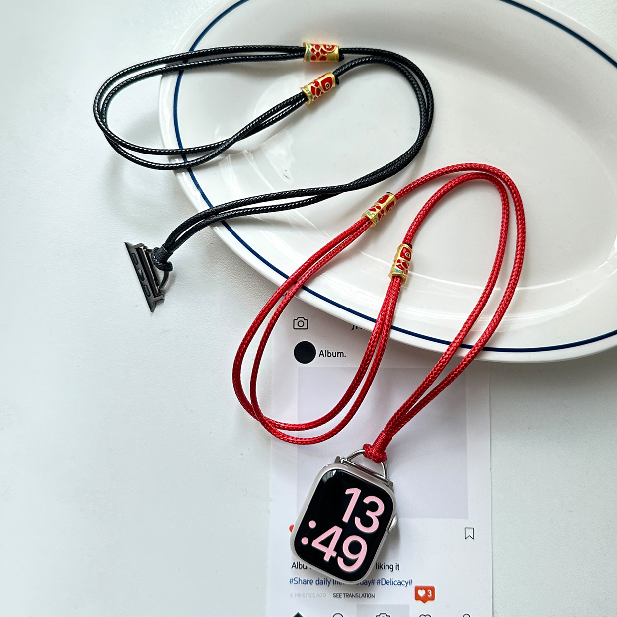 适用苹果手表s10代iwatch锦鲤油蜡绳项链挂脖防丢吊坠applewatch9