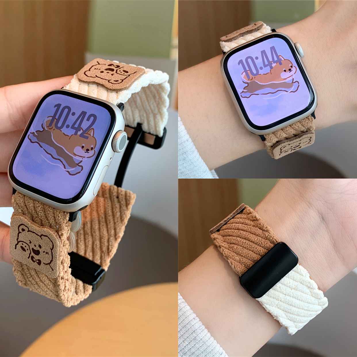 适用苹果手表s10代iwatch小熊灯芯绒磁吸扣表带applewatch98765se