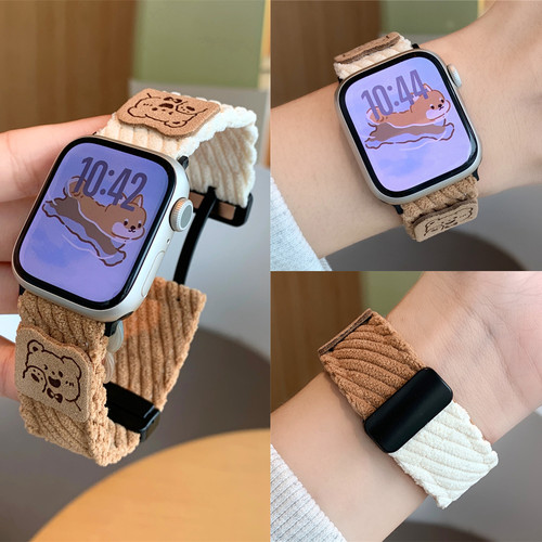 适用iwatch拼色灯芯绒磁吸扣表带