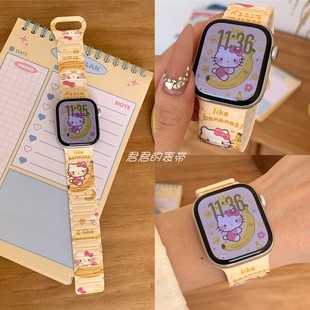 适用苹果手表s11代iwatch三珠卡通印花磁吸硅胶表带applewatch9se
