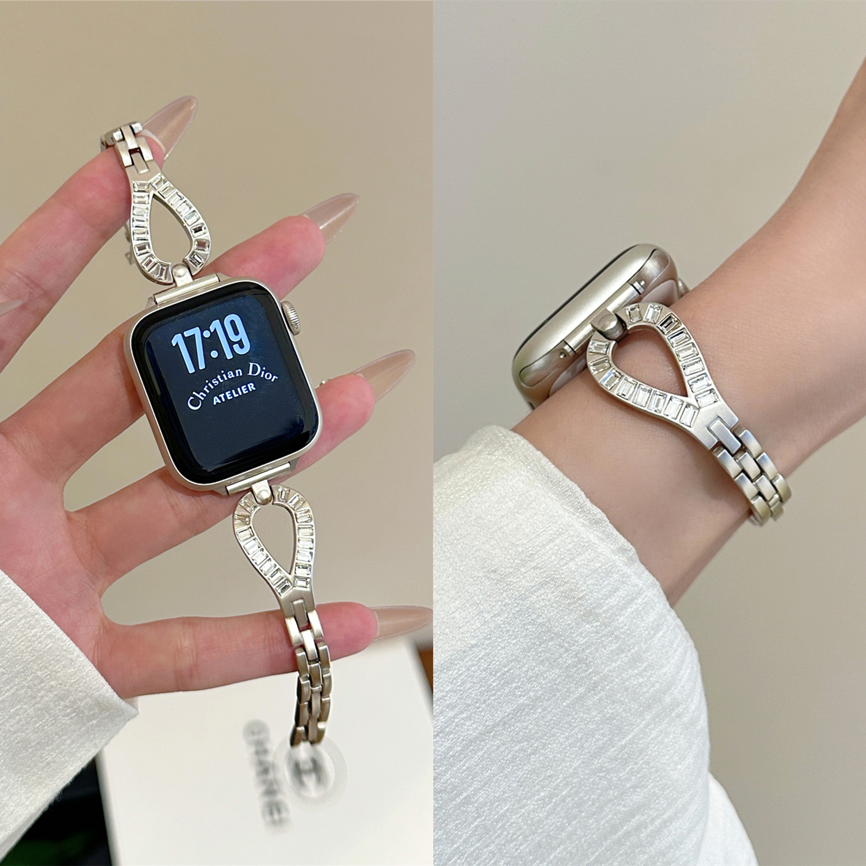 适用苹果手表s10代iwatch细款水滴镶钻金属手链表带applewatch9se
