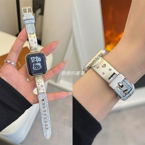 适用iwatch闪钻KT猫手镯牛仔表带
