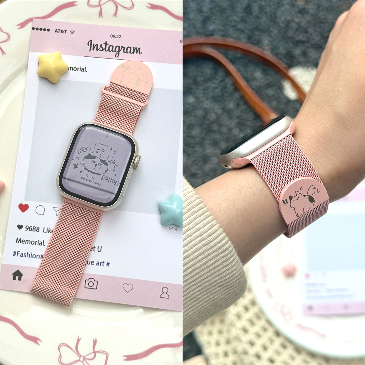 适用苹果手表s10代iwatch彩色小猫印花米兰尼斯表带applewatch9se