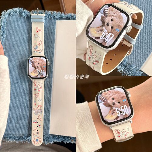 适用iwatch线条卡通涂鸦皮质表带