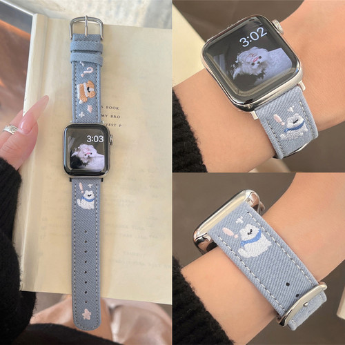 适用iwatch小狗星星牛仔刺绣表带