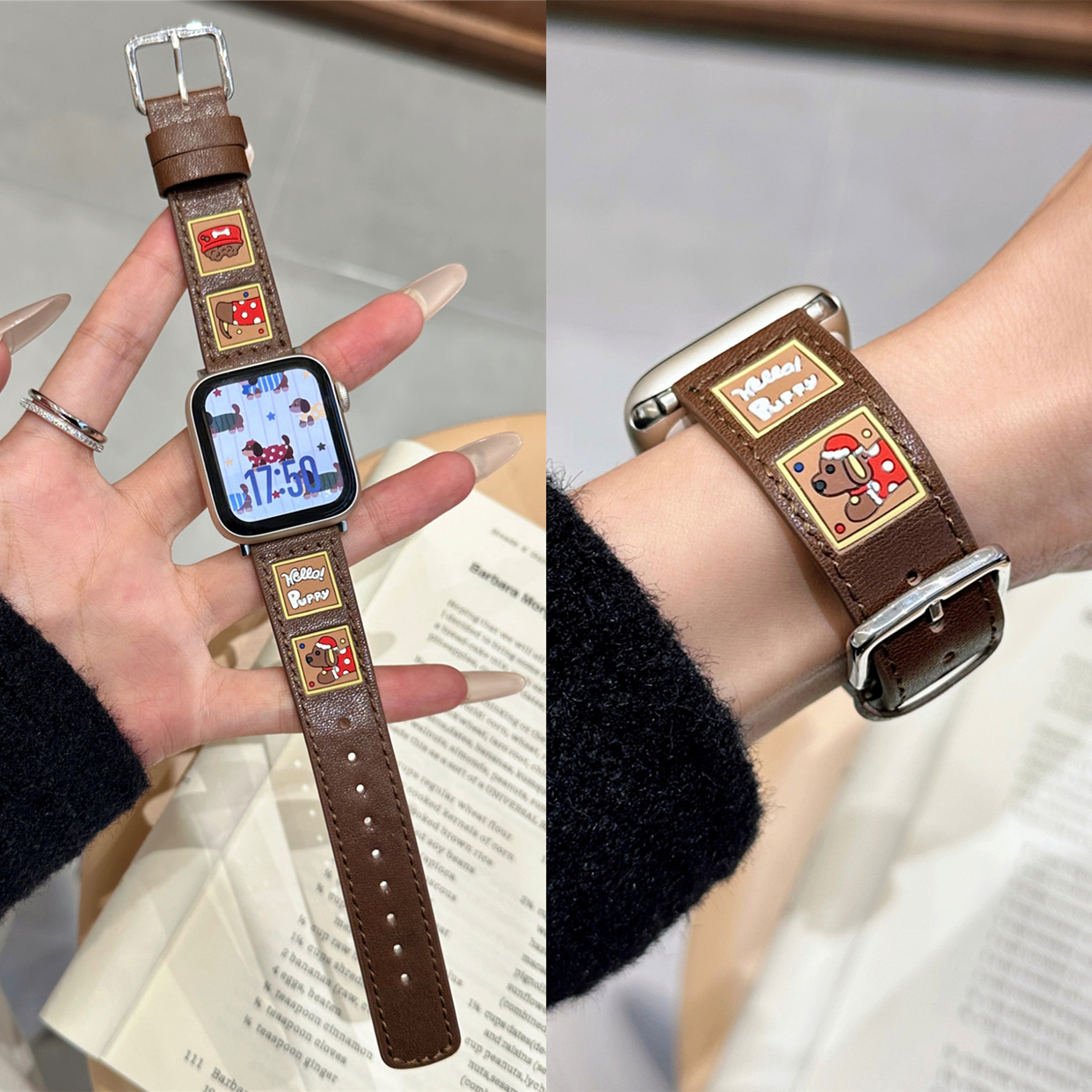 适用苹果手表s10代iwatch可爱腊肠狗卡通真皮表带applewatch987se