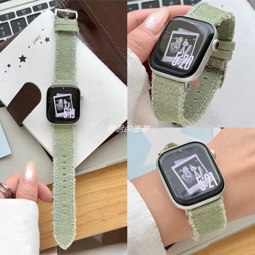 适用iwatch简约纯色复古牛仔表带