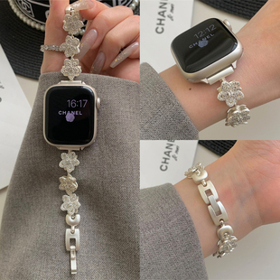 适用苹果手表s11代iwatch锆石旋转繁花金属手链表带applewatch9se