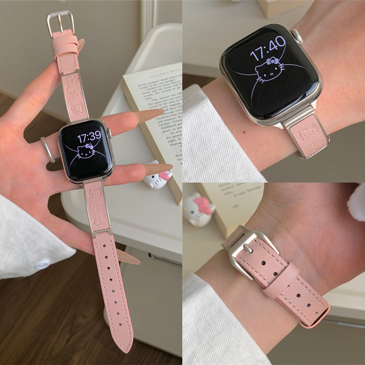 适用苹果手表s10代iwatch可爱KT猫金属手镯拼皮表带applewatch9se