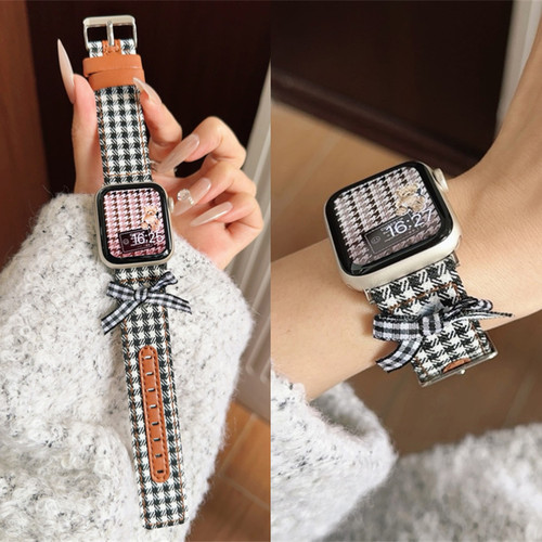 适用iwatch蝴蝶格纹帆布拼皮表带