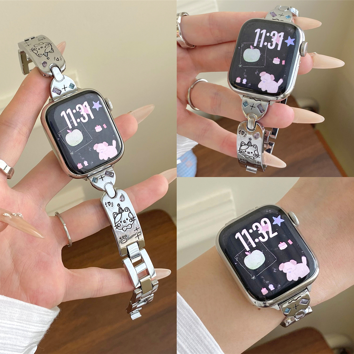 适用iwatch猫咪彩钻手镯金属表带