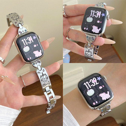 适用iwatch猫咪彩钻手镯金属表带