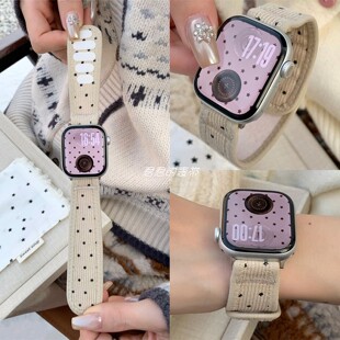 适用苹果手表s11代iwatch韩系星星灯芯绒魔术贴表带applewatch9se