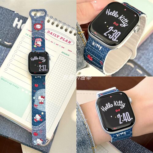 适用iwatch牛仔KT猫磁吸硅胶表带