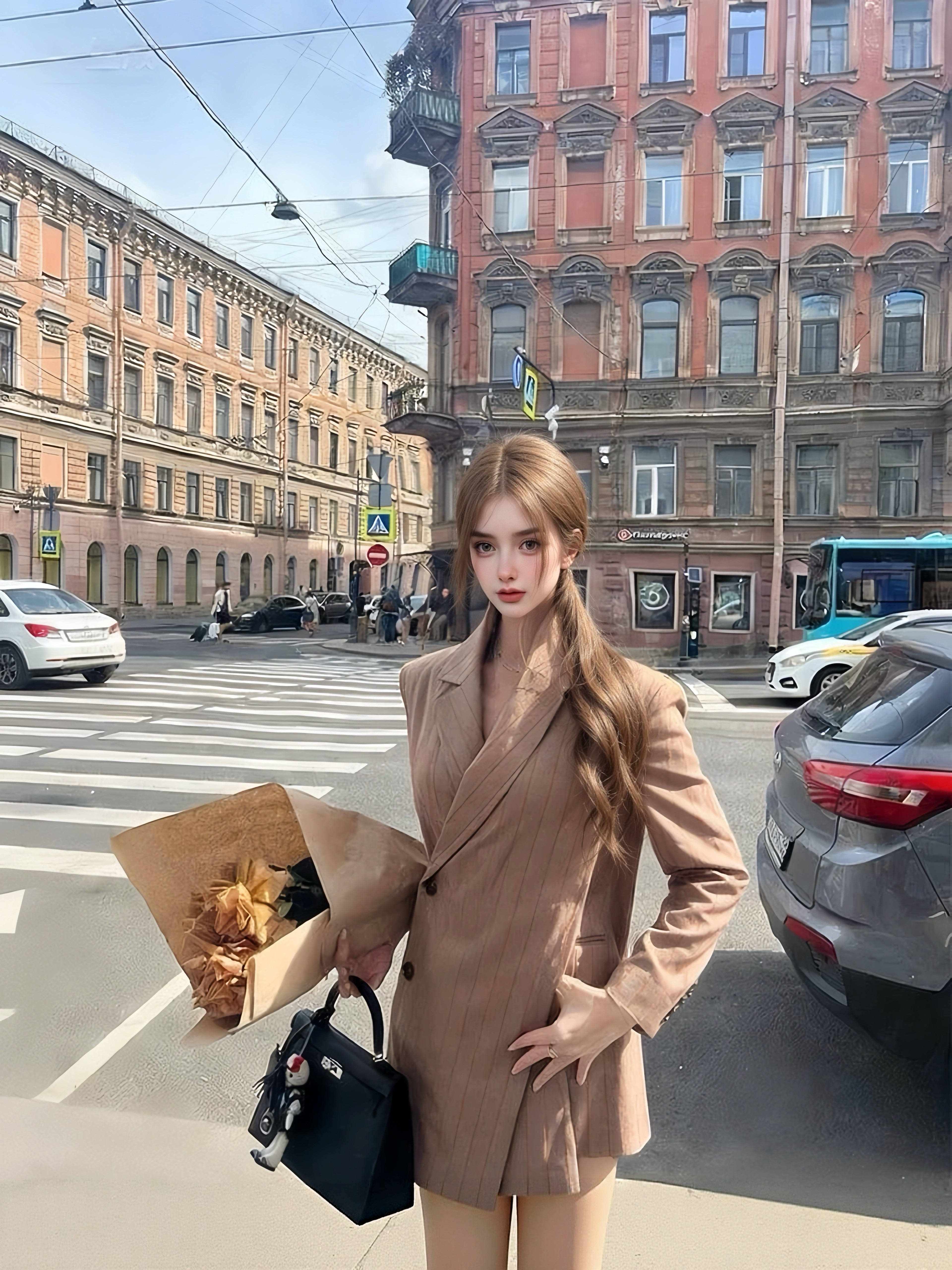 MSTO BALLET 东欧千金 咖棕条纹收腰西装高智感收腰显瘦通勤早秋