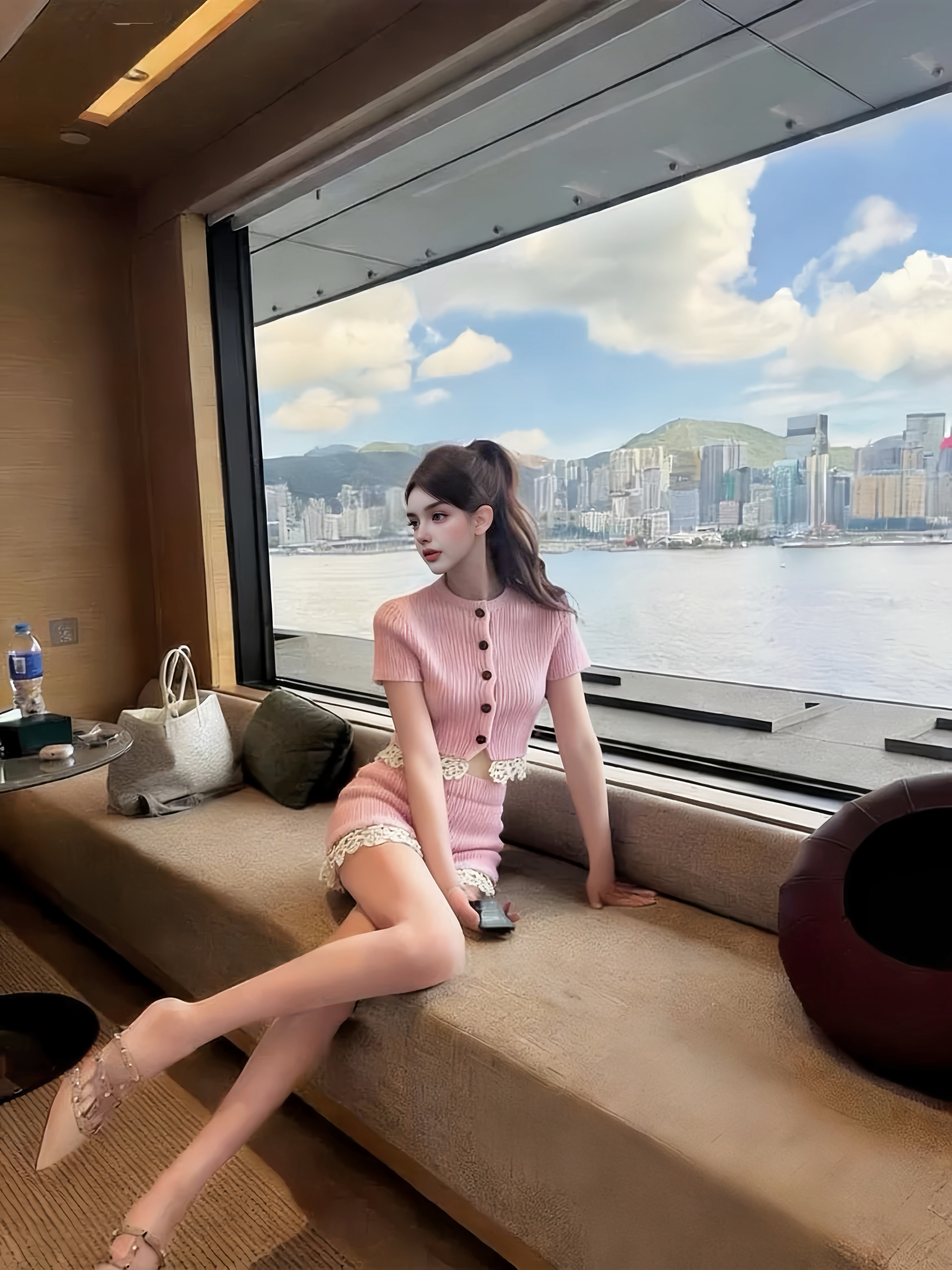 MSTO BALLET.港岛千金.坑条针织开衫半身短裙粉色套装甜辣露腰少