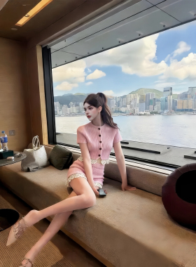 MSTO BALLET 甜系少女 春季坑条针织蕾丝边短款上衣+高腰短裤套装