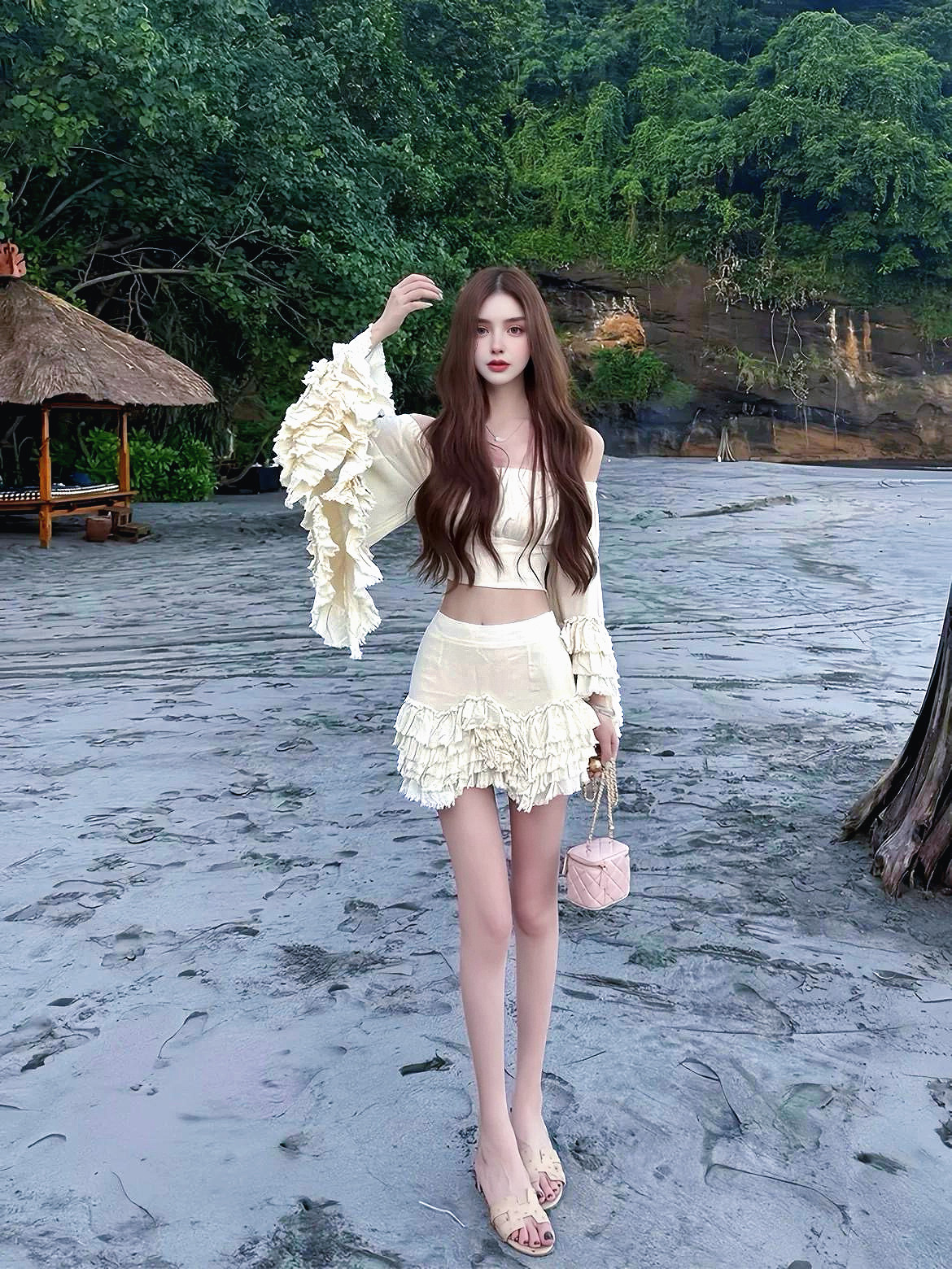 BALLET.花间梦蝶.小众法式复古荷叶边露肩高腰显瘦连衣裙套装礼服