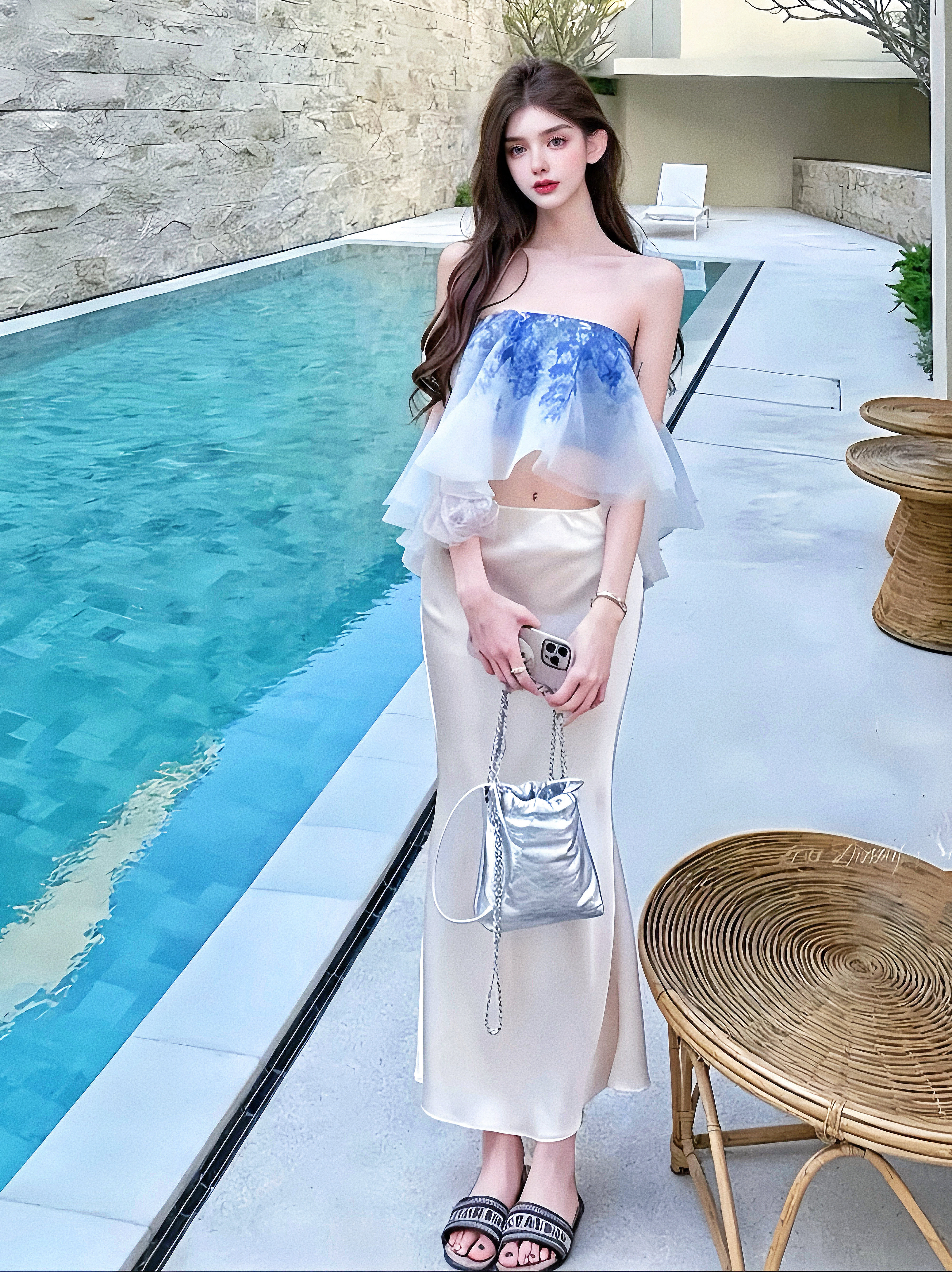 MSTOBALLET.冰蓝人鱼.渐变晕染抹胸醋酸缎面鱼尾裙套装日常裙礼服