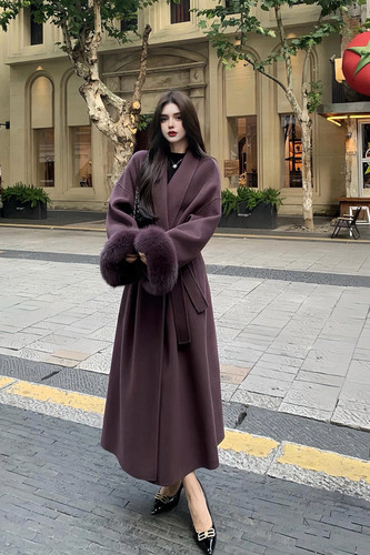 MSTO BL高端深紫色狐狸毛双面羊绒大衣女秋冬浴袍式显瘦毛呢外套