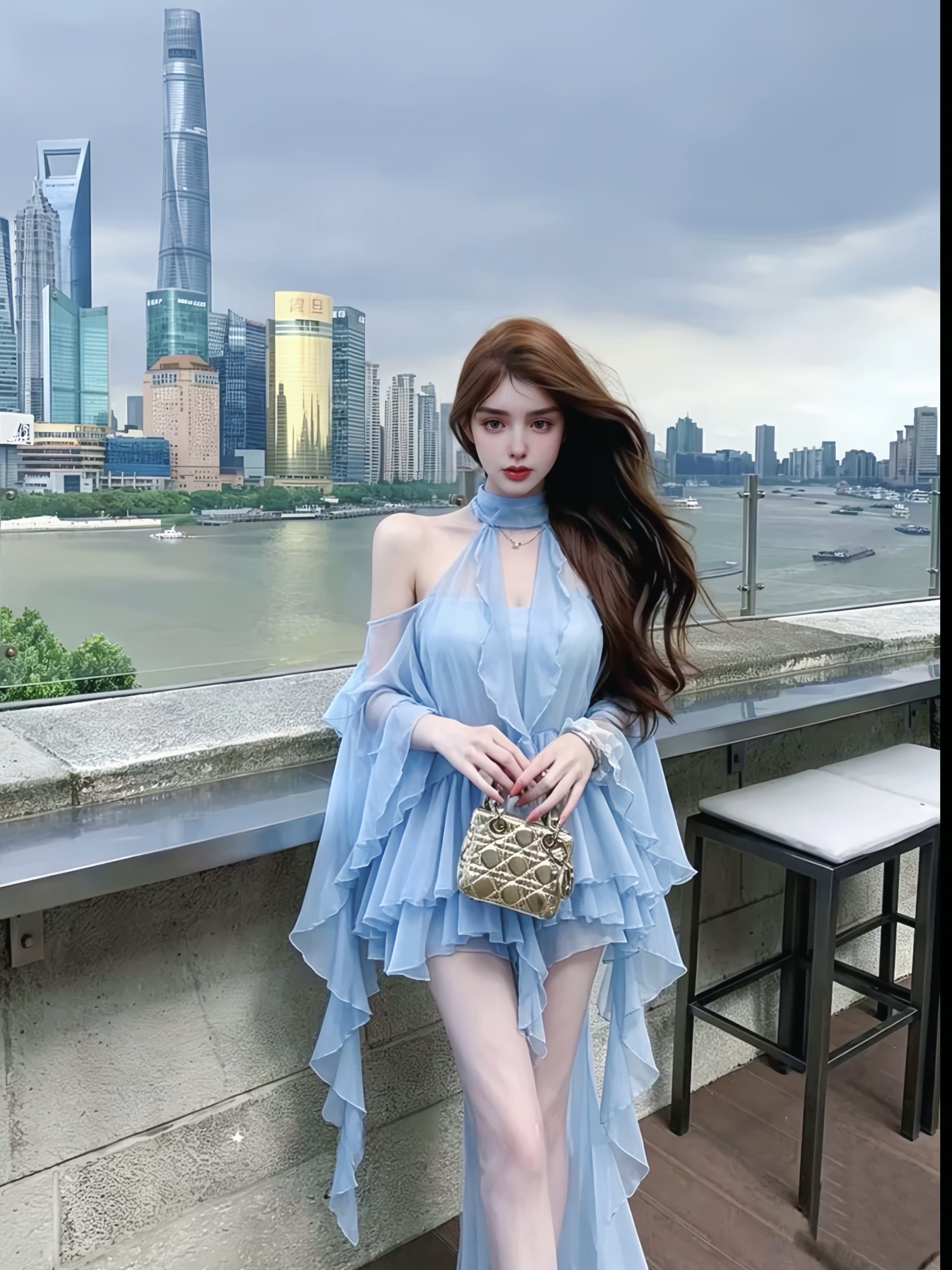 MSTO BALLET.蓝海之恋.法式挂脖蓝色荷叶边连衣裙飘带露肩礼服