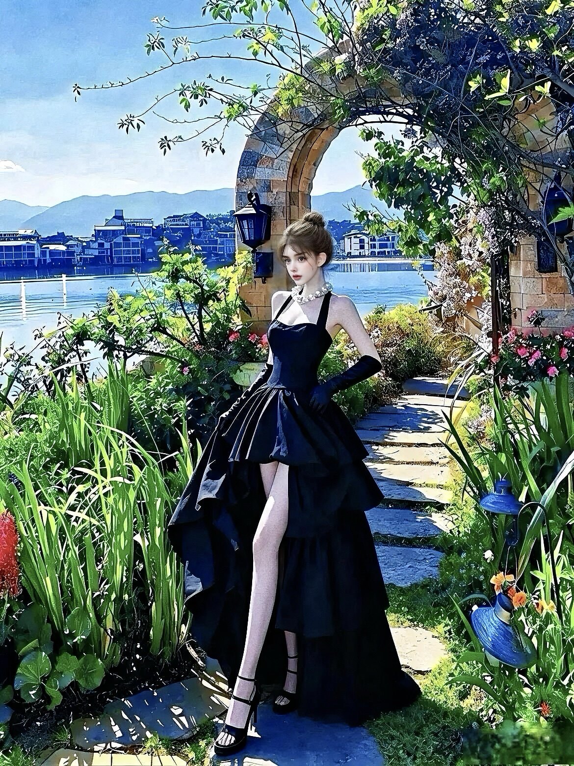 MSTO BALLET【墨染云裳高弹针织修身挂脖黑色开衩连衣裙礼服生日