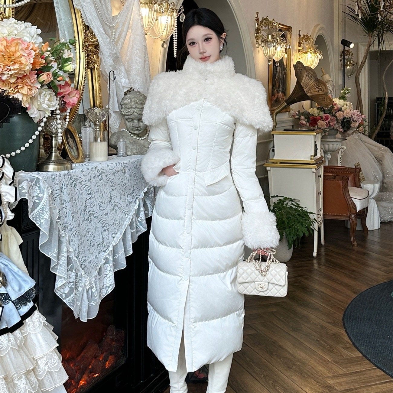 MSTO 冰雪皇后 式白色长款棉服外套冬收腰沙漏气气质