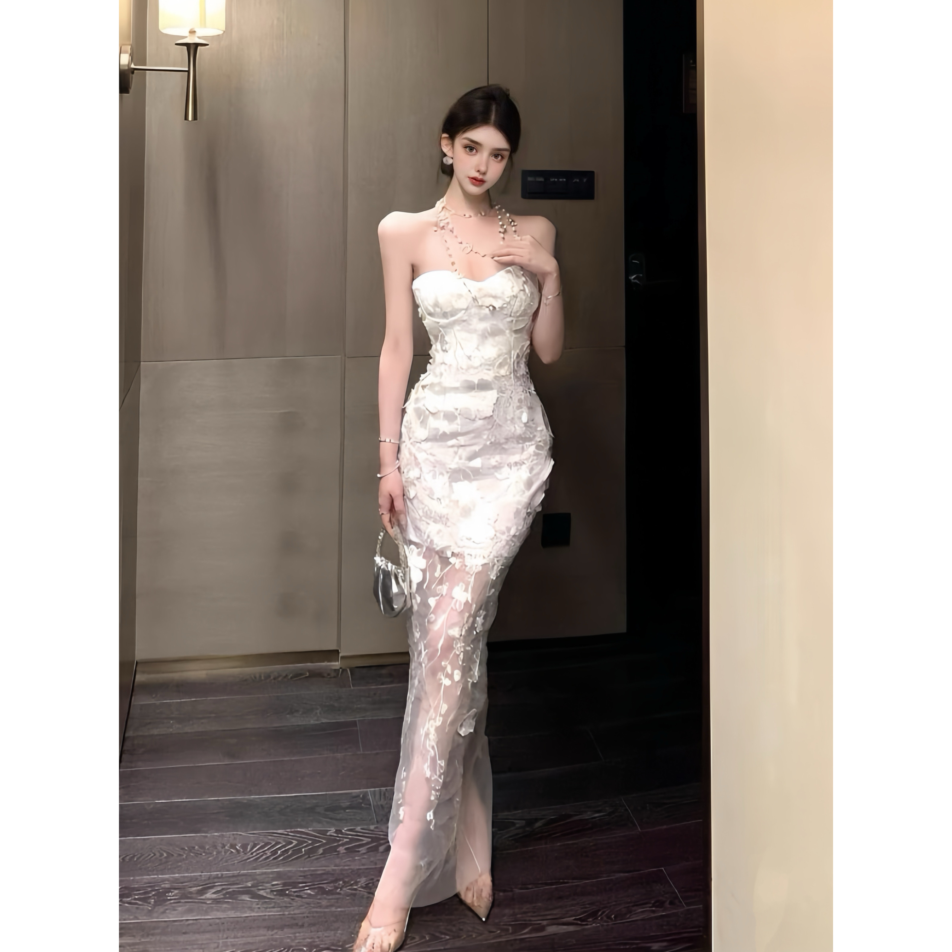 MSTO 白玫瑰蕾丝鱼尾裙 法式抹胸修身晚宴礼服女显瘦连衣裙生日裙