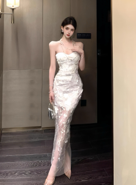 MSTO 白玫瑰蕾丝鱼尾裙 法式抹胸修身晚宴礼服女显瘦连衣裙生日裙