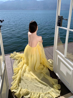 MSTO BALLET 海岛落日黄裙礼服生日裙大摆长裙海边度假氛围感战袍