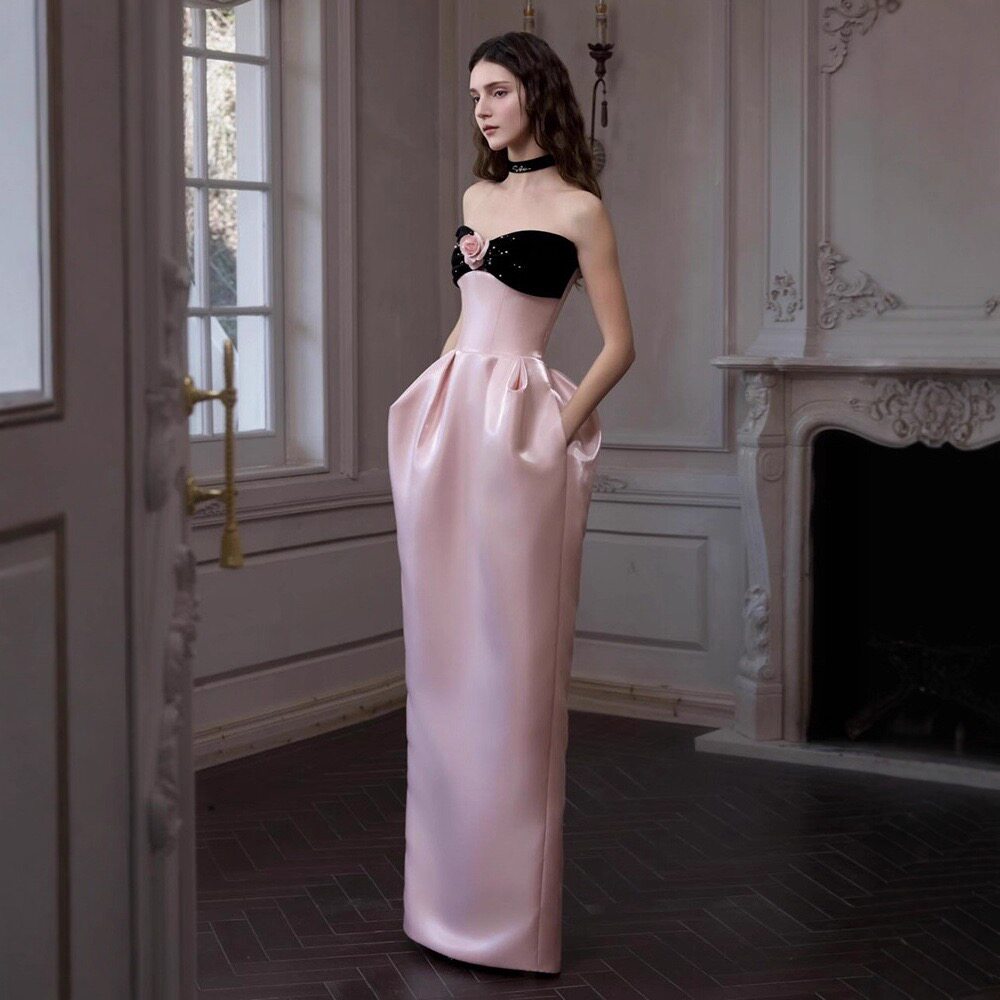 MSTO 玫瑰恋人重工立体花朵抹胸礼服裙新娘订婚敬酒服生日裙