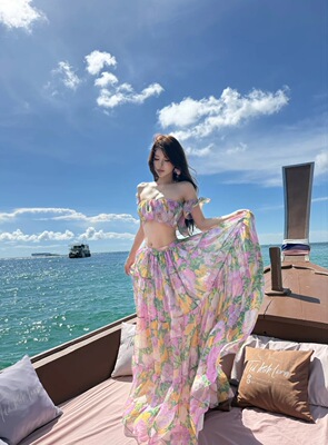 MSTO BALLET.海岛精灵.法式复古花朵印花露肩连衣裙女礼服裙度假