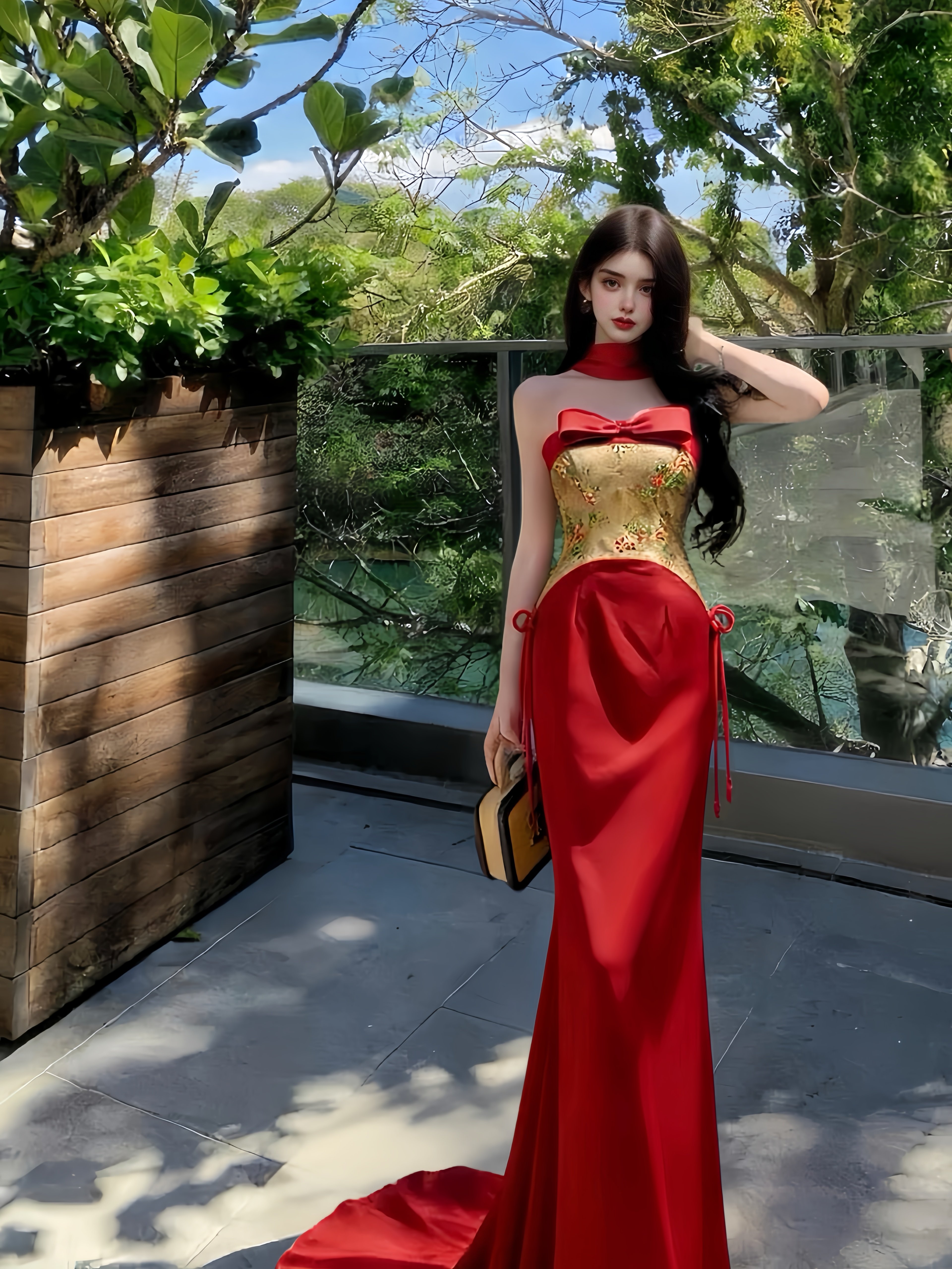 MSTO BALLET 奢感红毯 法式复古新中式提花缎面鱼尾裙名媛裙礼服